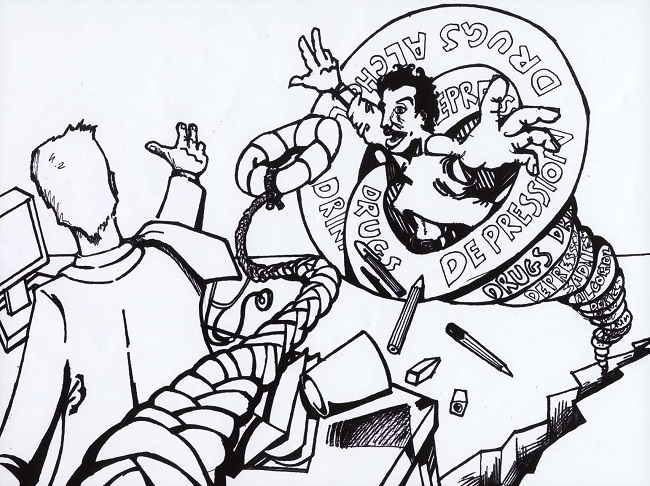 Black and white darwn illustration of a man in a suit by a computer throwing a life ring on a rope to a man in a suit being swallowed by a vortex coming from a crack in the earth and with the words drugs, alcoholism and depression inscribed around the vortex.